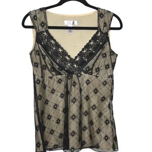 Vintage Y2K Nine & Co Black Tan Lace Mesh Overlay Babydoll Tank Top Size 6 VNeck